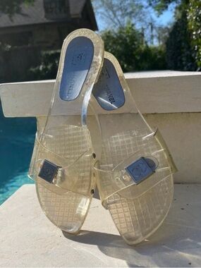 AUTHENTIC CHANEL Clear Slide Sandals with Silver Logo Plaque